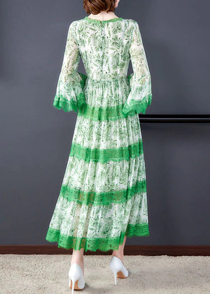 Plus Size Unique Green V Neck Print Lace Dress