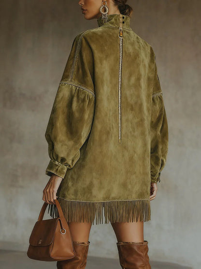Olive Faux Suede Turtleneck Dress With Fringe Hem