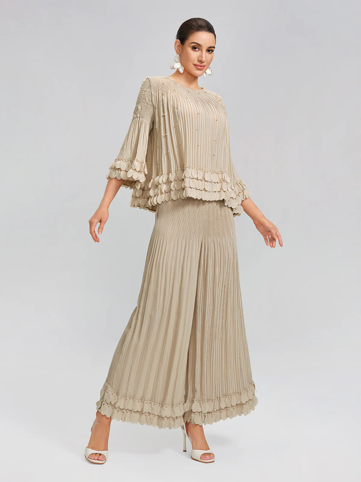 Hand-Stitched Floral Beaded Pleated Set