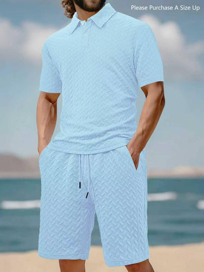 Men's Solid Polo Shirt & Drawstring Waist Shorts Set, Cozy Breathable Two-piece Outfits for Daily Outdoor Wear