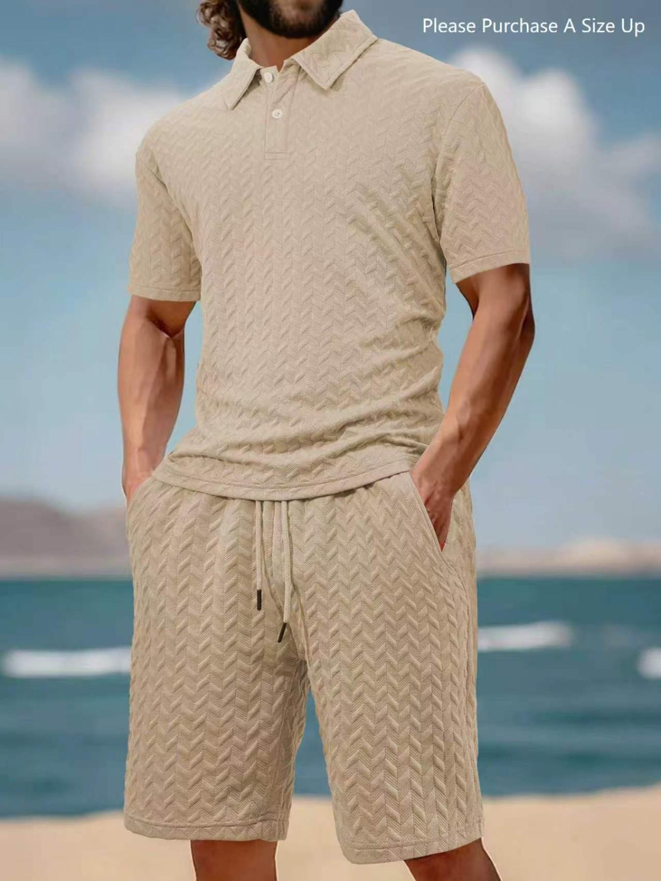 Men's Solid Polo Shirt & Drawstring Waist Shorts Set, Cozy Breathable Two-piece Outfits for Daily Outdoor Wear