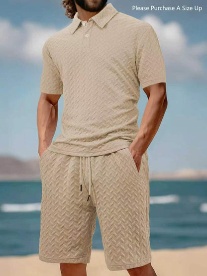 Men's Solid Polo Shirt & Drawstring Waist Shorts Set, Cozy Breathable Two-piece Outfits for Daily Outdoor Wear