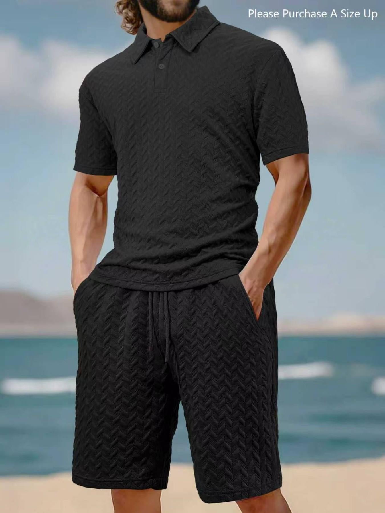 Men's Solid Polo Shirt & Drawstring Waist Shorts Set, Cozy Breathable Two-piece Outfits for Daily Outdoor Wear