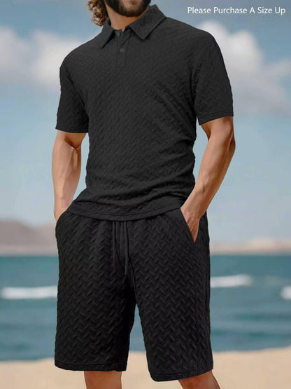 Men's Solid Polo Shirt & Drawstring Waist Shorts Set, Cozy Breathable Two-piece Outfits for Daily Outdoor Wear