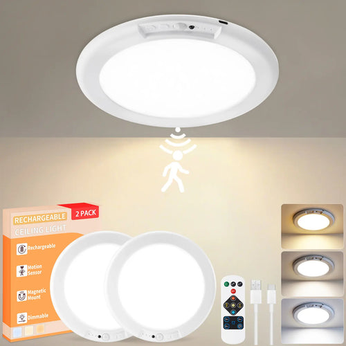 Rechargeable Ceiling Light 2-Pack, 3 Color Modes, Motion Sensor with Remote, Wireless Battery-Operated Magnetic LED Lights for Shower, Closet, Pantry, Shed, Hallway, Porch, Garage