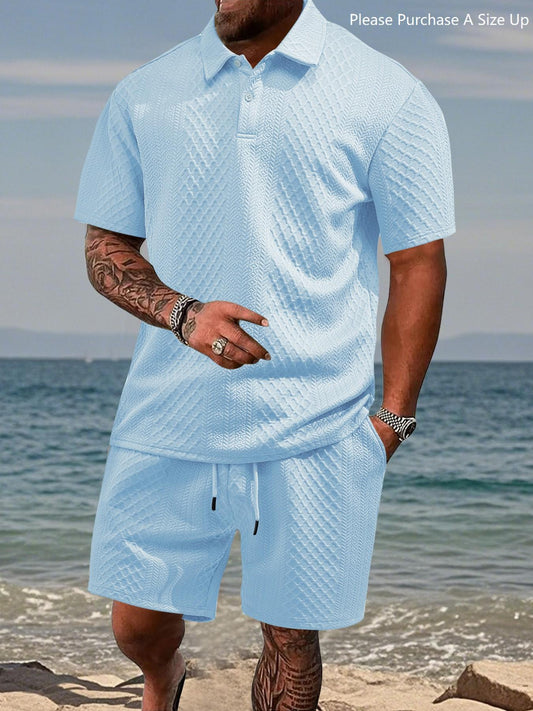 Men's Solid Polo Shirt & Drawstring Waist Shorts Set, Cozy Breathable Two-piece Outfits for Daily Outdoor Wear