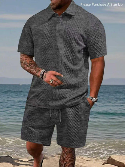 Men's Solid Polo Shirt & Drawstring Waist Shorts Set, Cozy Breathable Two-piece Outfits for Daily Outdoor Wear