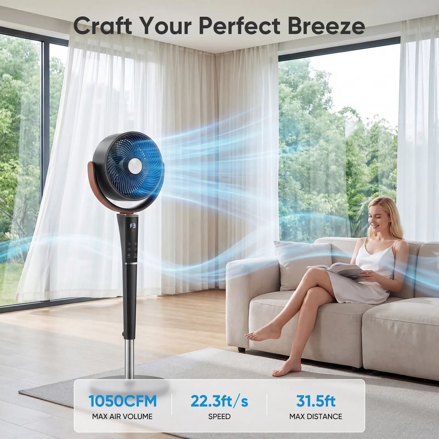Bedroom Pedestal Fan 120° Omni Oscillation Quiet Standing Fan w/Remote&12H Timer