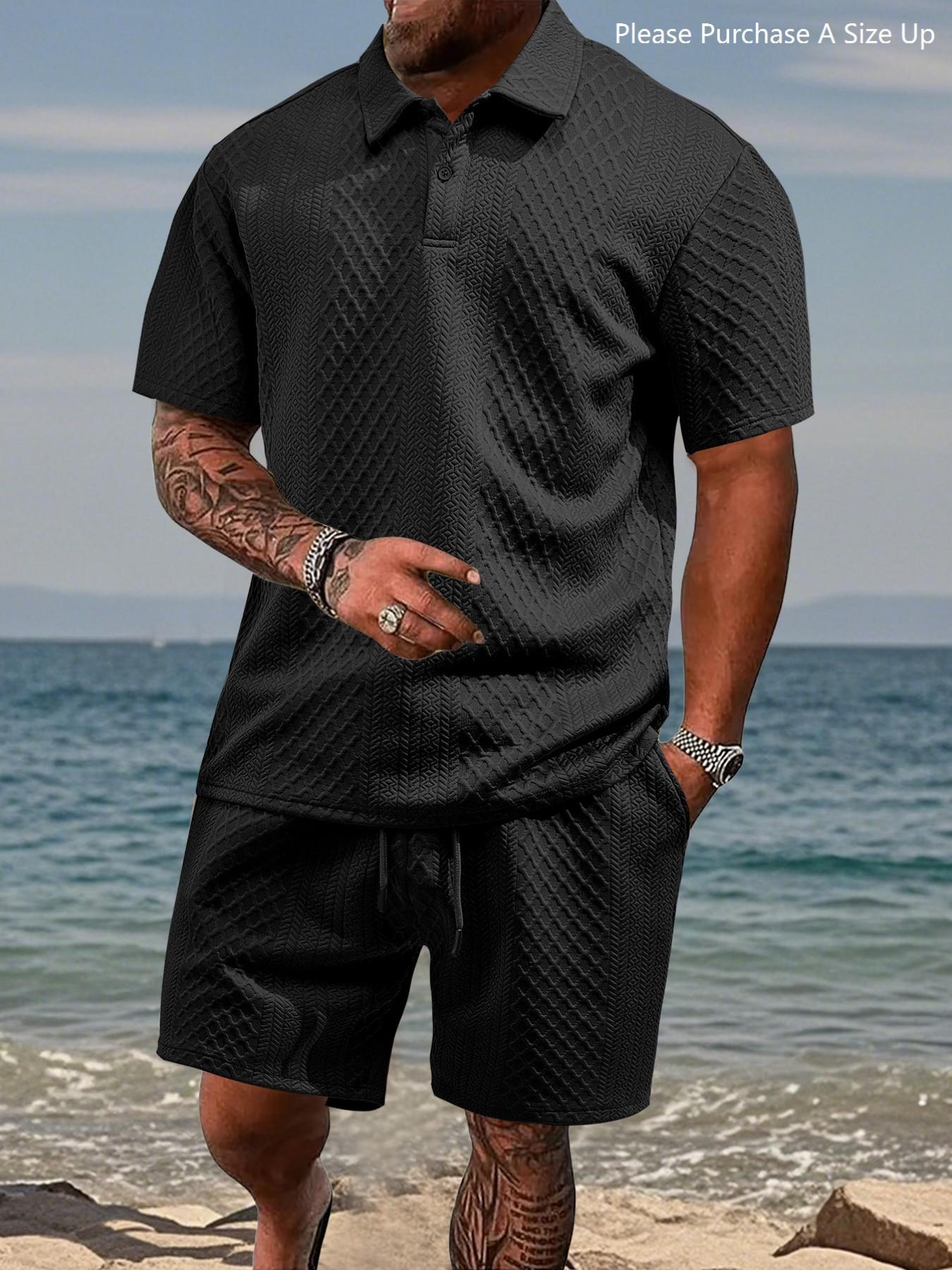 Men's Solid Polo Shirt & Drawstring Waist Shorts Set, Cozy Breathable Two-piece Outfits for Daily Outdoor Wear