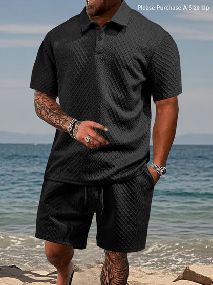 Men's Solid Polo Shirt & Drawstring Waist Shorts Set, Cozy Breathable Two-piece Outfits for Daily Outdoor Wear