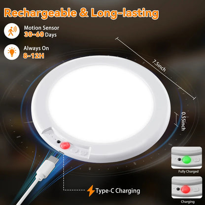 Rechargeable Ceiling Light 2-Pack, 3 Color Modes, Motion Sensor with Remote, Wireless Battery-Operated Magnetic LED Lights for Shower, Closet, Pantry, Shed, Hallway, Porch, Garage