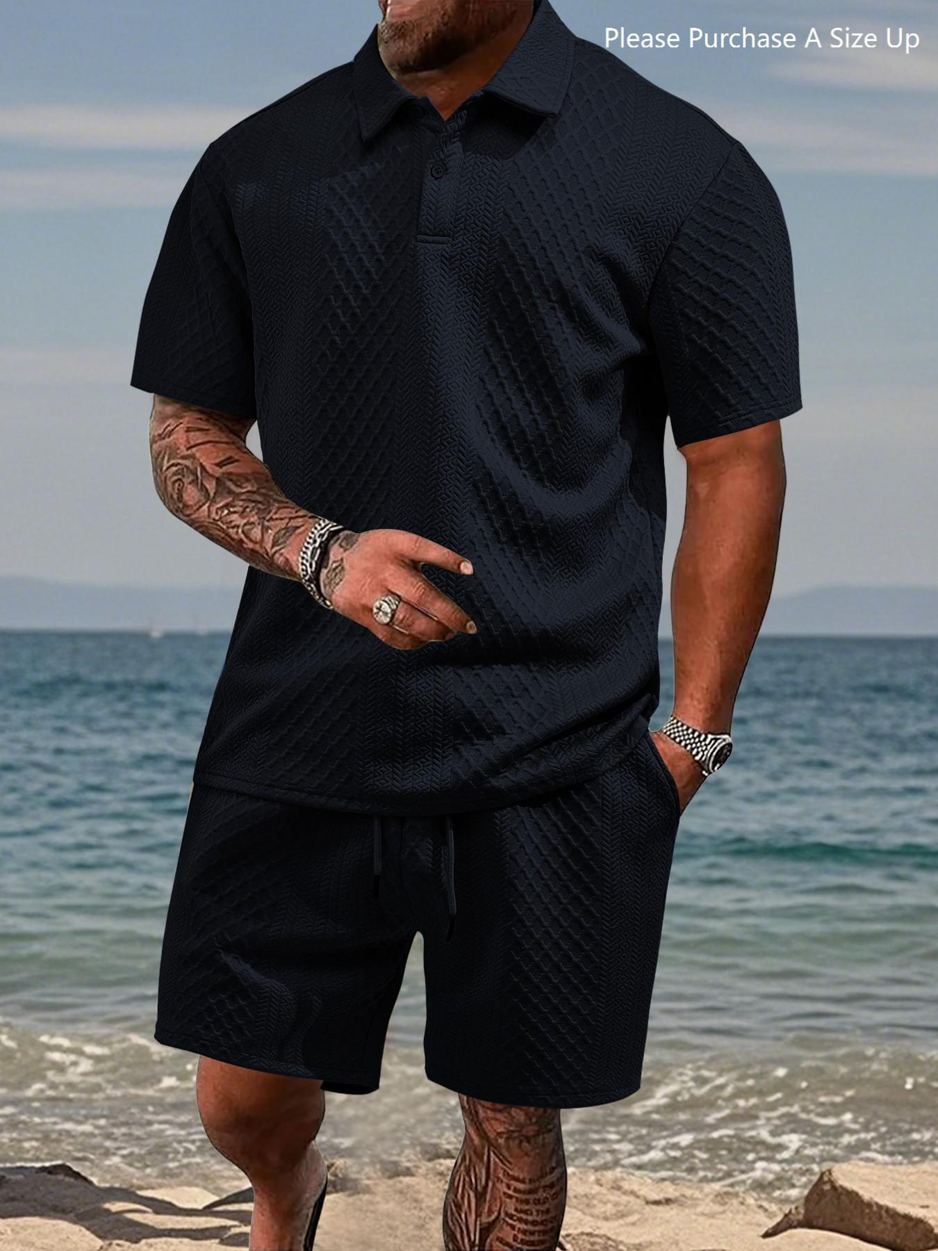 Men's Solid Polo Shirt & Drawstring Waist Shorts Set, Cozy Breathable Two-piece Outfits for Daily Outdoor Wear