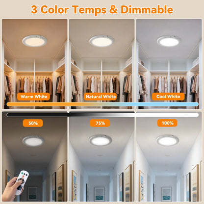 Rechargeable Ceiling Light 2-Pack, 3 Color Modes, Motion Sensor with Remote, Wireless Battery-Operated Magnetic LED Lights for Shower, Closet, Pantry, Shed, Hallway, Porch, Garage