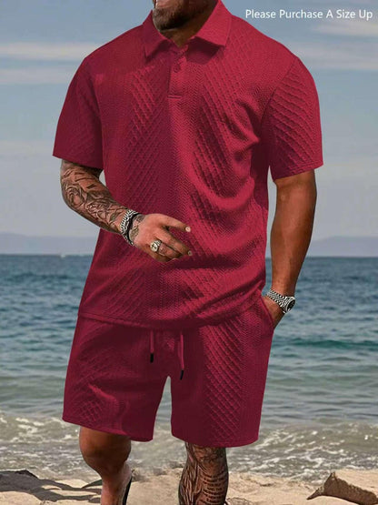 Men's Solid Polo Shirt & Drawstring Waist Shorts Set, Cozy Breathable Two-piece Outfits for Daily Outdoor Wear