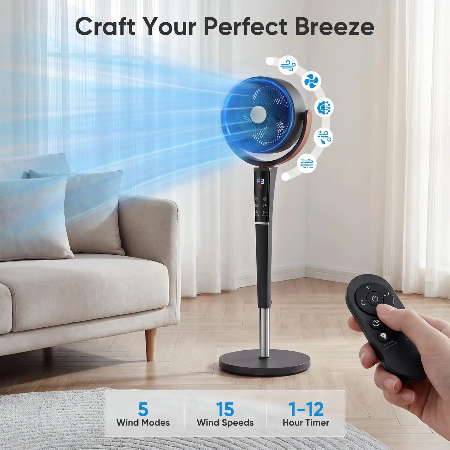 Bedroom Pedestal Fan 120° Omni Oscillation Quiet Standing Fan w/Remote&12H Timer