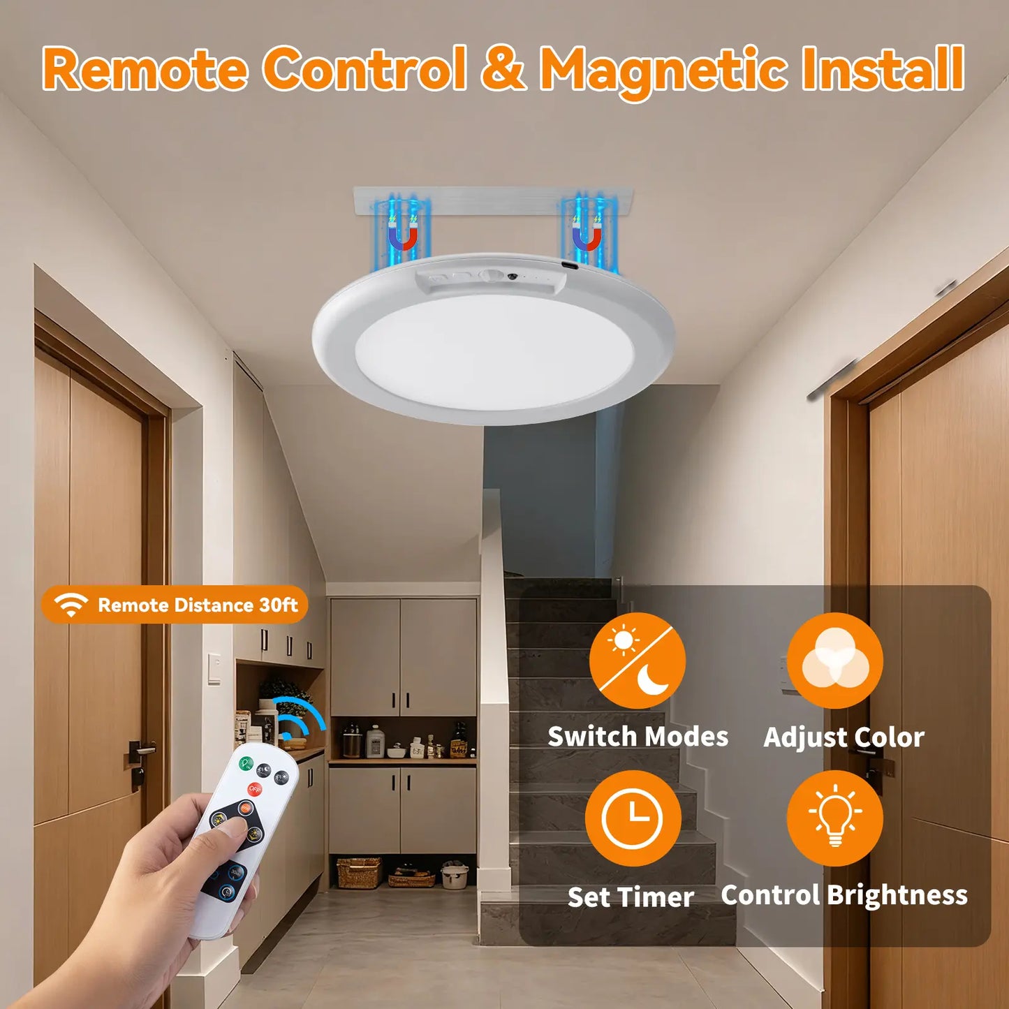 Rechargeable Ceiling Light 2-Pack, 3 Color Modes, Motion Sensor with Remote, Wireless Battery-Operated Magnetic LED Lights for Shower, Closet, Pantry, Shed, Hallway, Porch, Garage