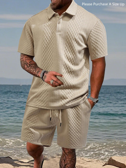 Men's Solid Polo Shirt & Drawstring Waist Shorts Set, Cozy Breathable Two-piece Outfits for Daily Outdoor Wear