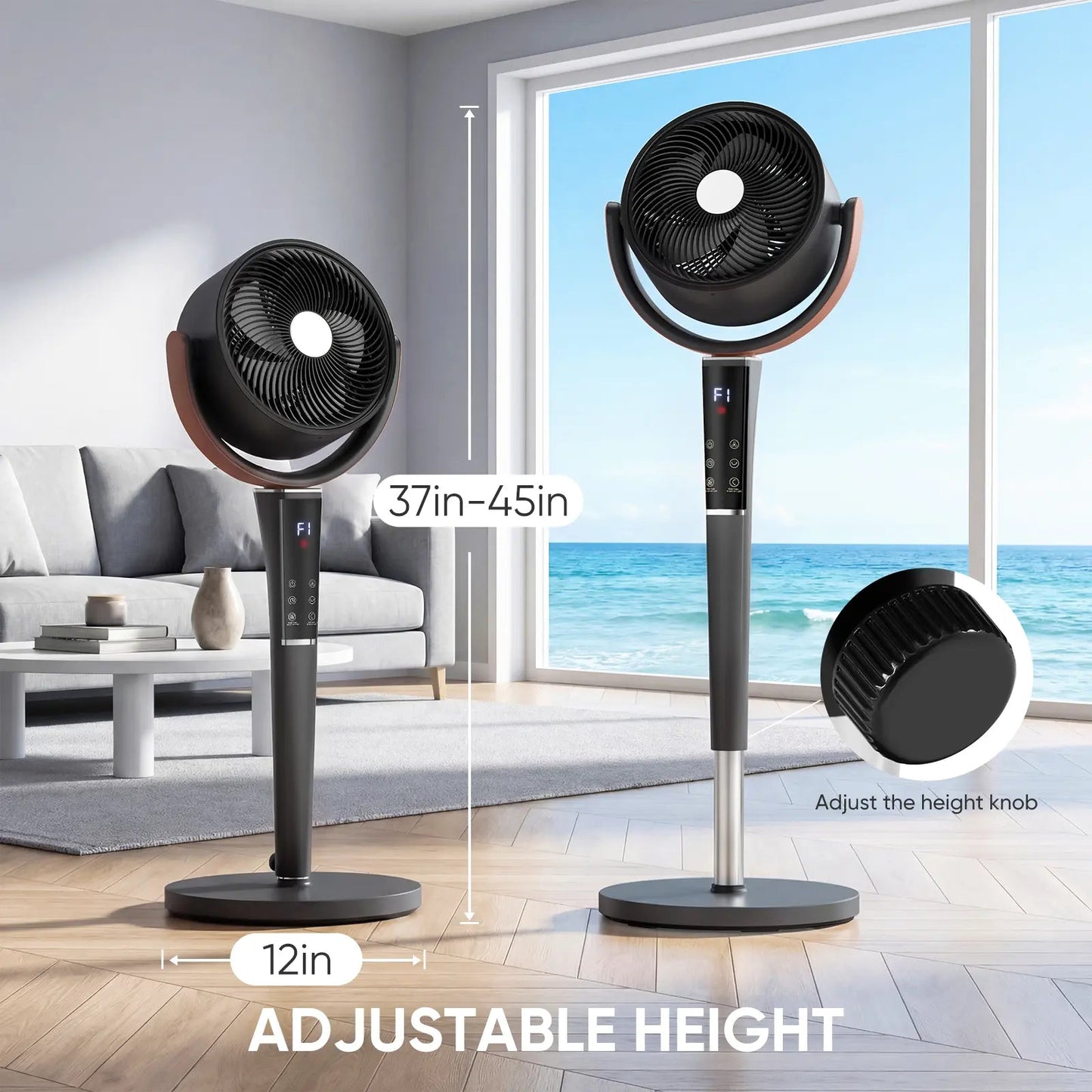 Bedroom Pedestal Fan 120° Omni Oscillation Quiet Standing Fan w/Remote&12H Timer