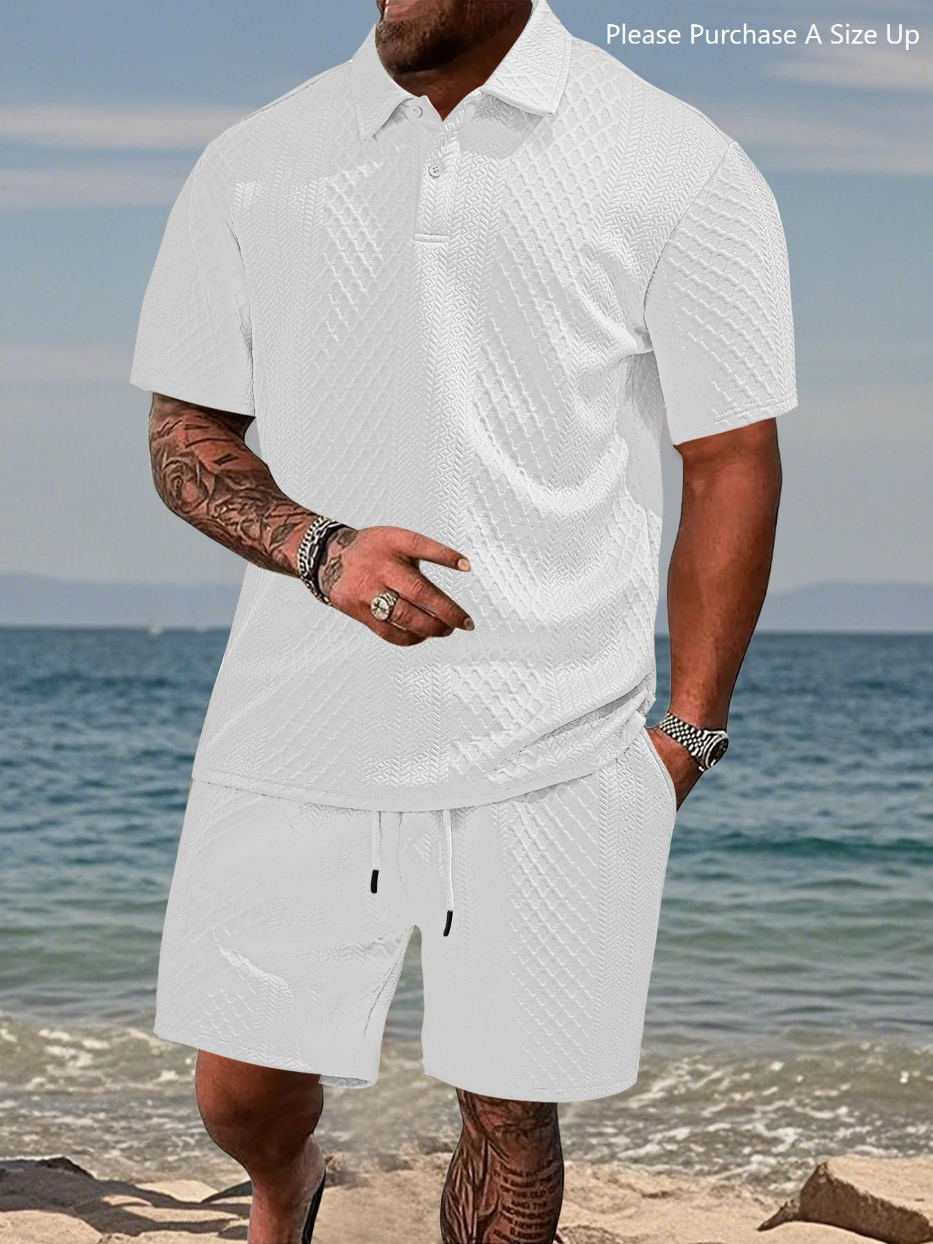 Men's Solid Polo Shirt & Drawstring Waist Shorts Set, Cozy Breathable Two-piece Outfits for Daily Outdoor Wear