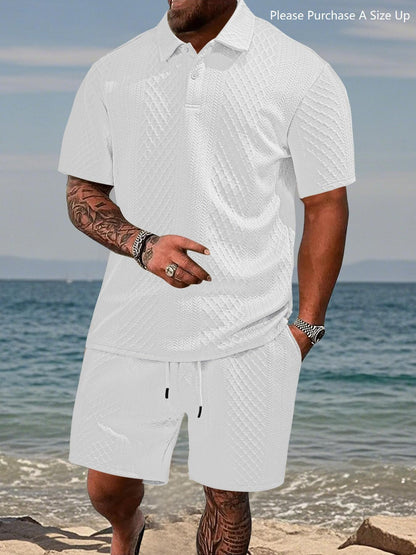 Men's Solid Polo Shirt & Drawstring Waist Shorts Set, Cozy Breathable Two-piece Outfits for Daily Outdoor Wear