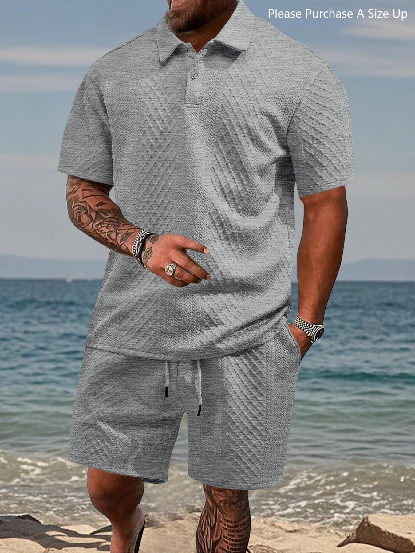 Men's Solid Polo Shirt & Drawstring Waist Shorts Set, Cozy Breathable Two-piece Outfits for Daily Outdoor Wear