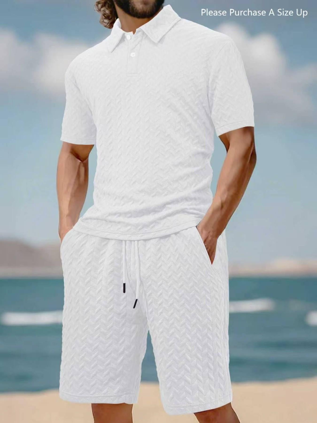 Men's Solid Polo Shirt & Drawstring Waist Shorts Set, Cozy Breathable Two-piece Outfits for Daily Outdoor Wear