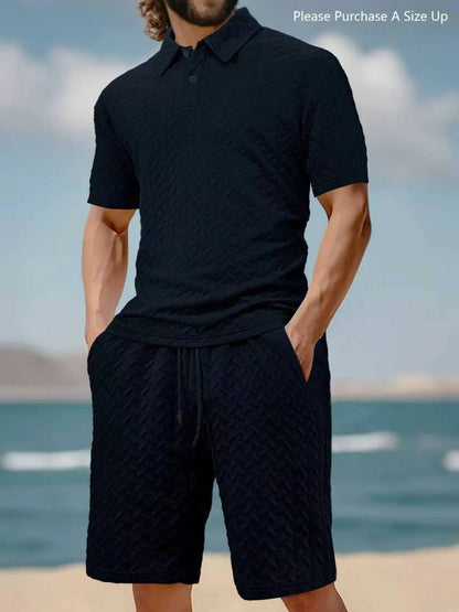 Men's Solid Polo Shirt & Drawstring Waist Shorts Set, Cozy Breathable Two-piece Outfits for Daily Outdoor Wear