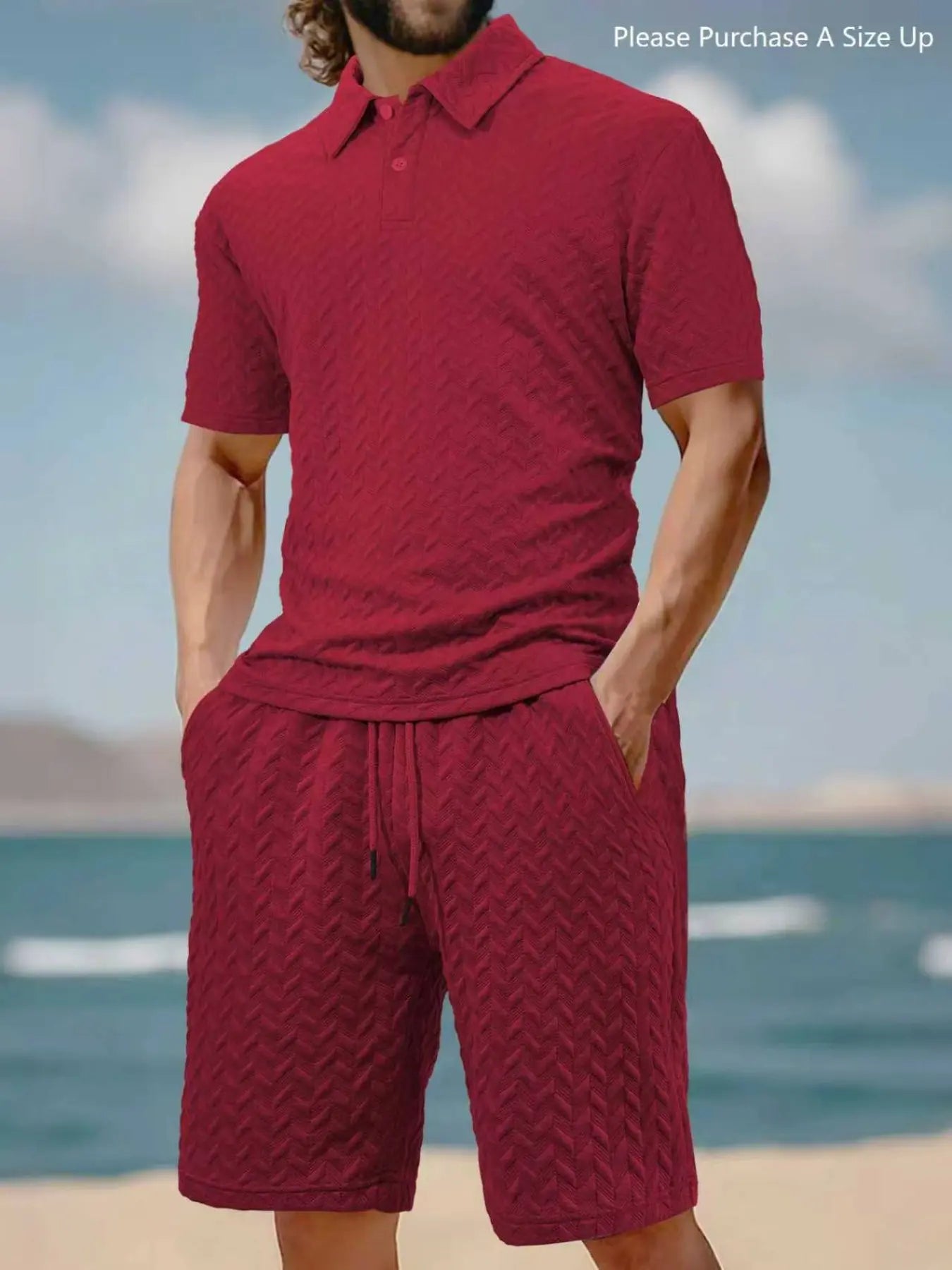 Men's Solid Polo Shirt & Drawstring Waist Shorts Set, Cozy Breathable Two-piece Outfits for Daily Outdoor Wear