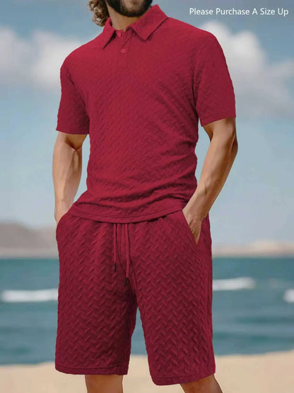 Men's Solid Polo Shirt & Drawstring Waist Shorts Set, Cozy Breathable Two-piece Outfits for Daily Outdoor Wear