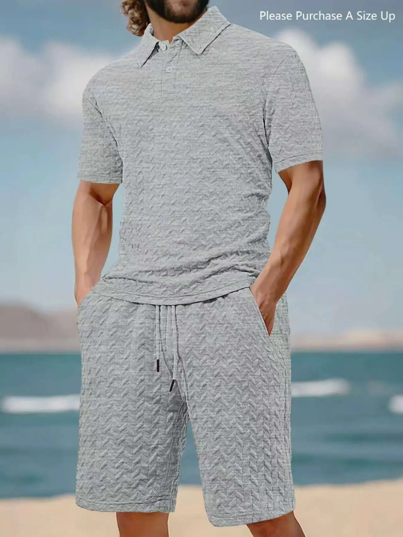 Men's Solid Polo Shirt & Drawstring Waist Shorts Set, Cozy Breathable Two-piece Outfits for Daily Outdoor Wear