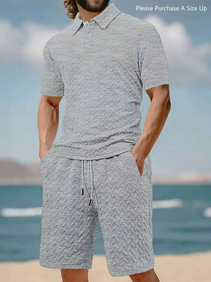 Men's Solid Polo Shirt & Drawstring Waist Shorts Set, Cozy Breathable Two-piece Outfits for Daily Outdoor Wear